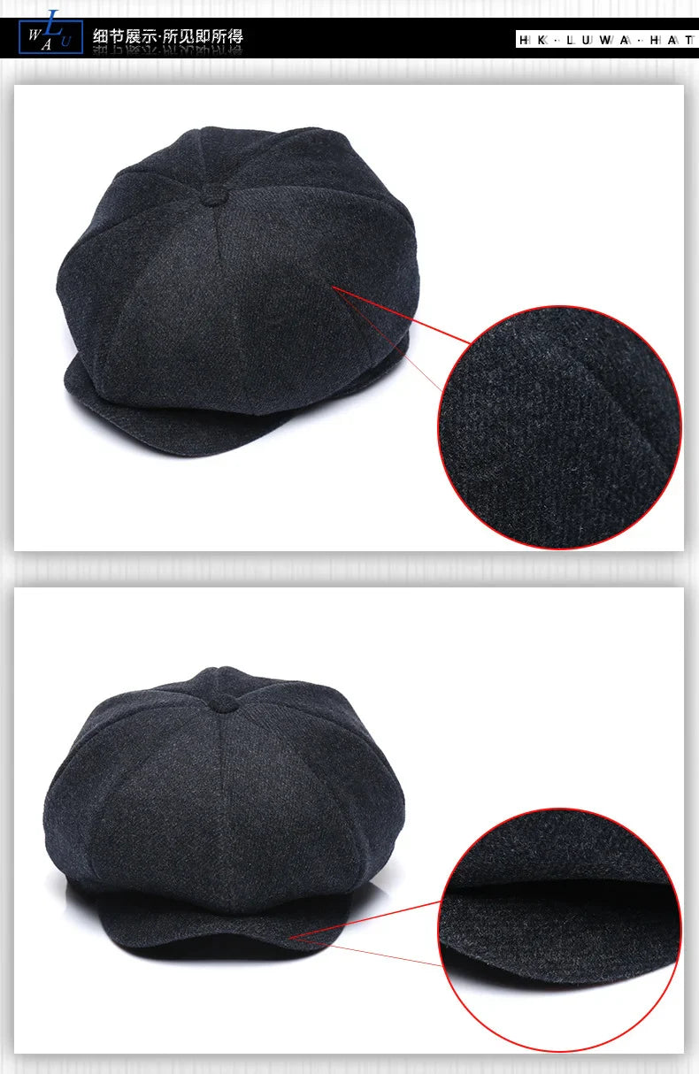 Caps- Thickened Wool tweed Octagonal Hat Dad Winter Felt New Cap