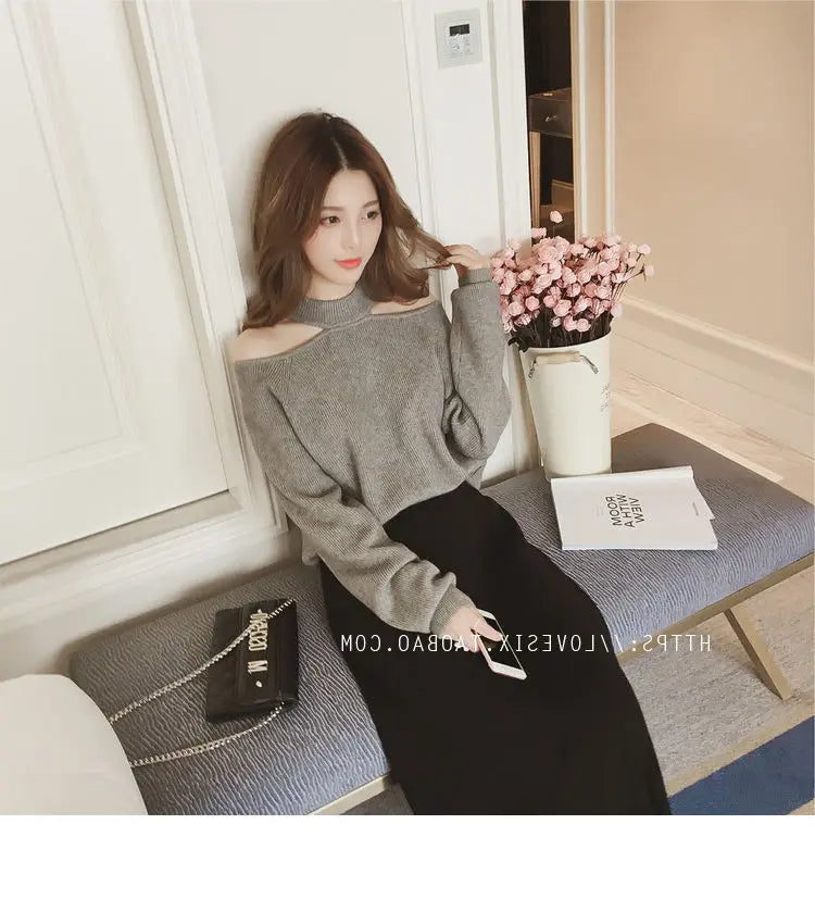 Top- Women's Casual Solid Loose Sweaters Female Sexy Halter Slash