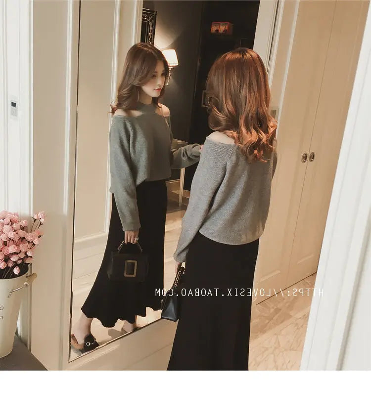 Top- Women's Casual Solid Loose Sweaters Female Sexy Halter Slash