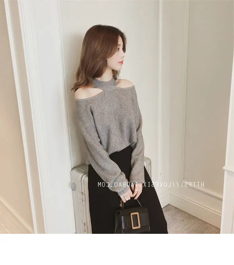 Top- Women's Casual Solid Loose Sweaters Female Sexy Halter Slash