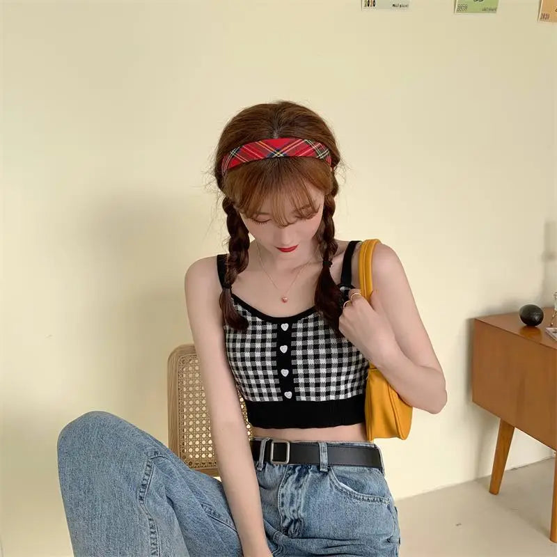 Girl Crop Top Women Plaid Buttons Club Sexy Slim Knitting Female Tank SPECIFICATIONSBrand Name: JEYONGZOOOrigin: Mainland ChinaMaterial: COTTONMaterial: AcrylicDecoration: ButtonClothing Length: short（4-16inch）Age: 16-28 Years OldItem DMEwomenstorenull