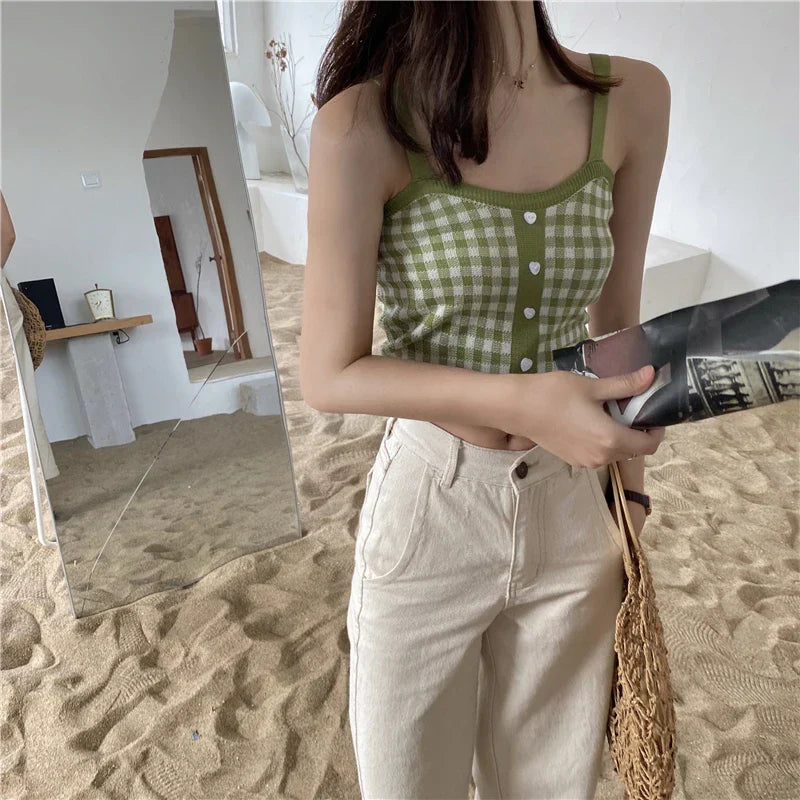 Girl Crop Top Women Plaid Buttons Club Sexy Slim Knitting Female Tank SPECIFICATIONSBrand Name: JEYONGZOOOrigin: Mainland ChinaMaterial: COTTONMaterial: AcrylicDecoration: ButtonClothing Length: short（4-16inch）Age: 16-28 Years OldItem DMEwomenstorenull