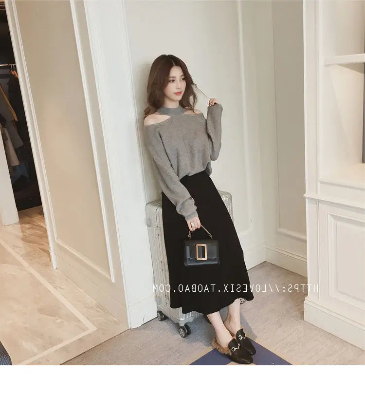 Top- Women's Casual Solid Loose Sweaters Female Sexy Halter Slash