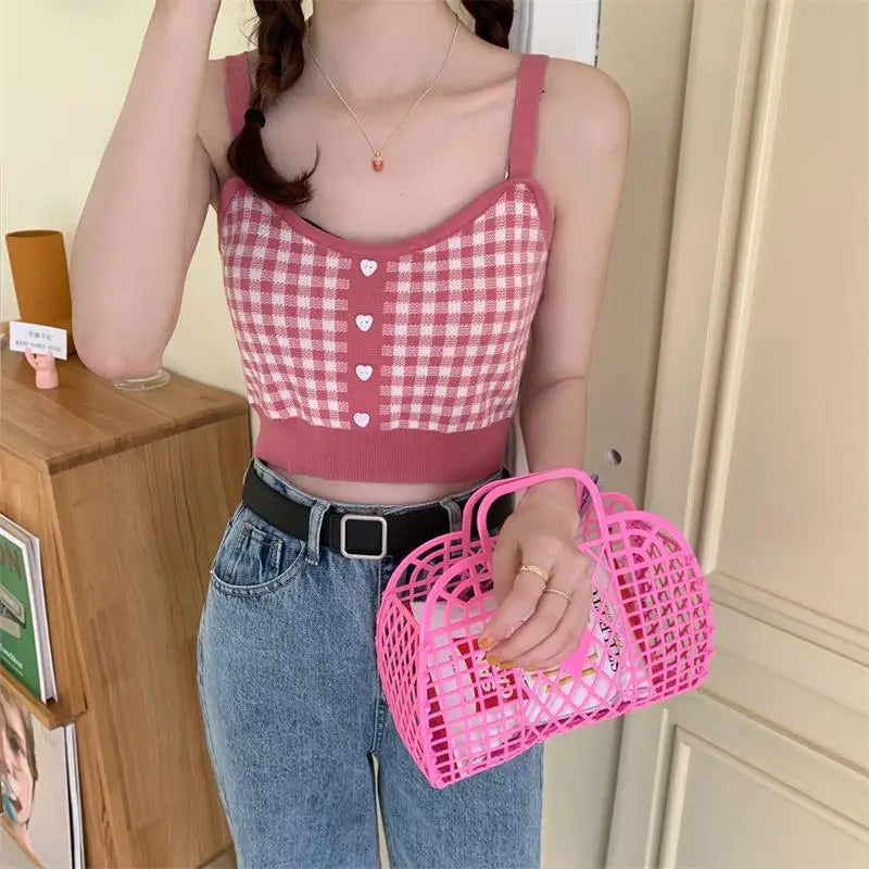 Girl Crop Top Women Plaid Buttons Club Sexy Slim Knitting Female Tank SPECIFICATIONSBrand Name: JEYONGZOOOrigin: Mainland ChinaMaterial: COTTONMaterial: AcrylicDecoration: ButtonClothing Length: short（4-16inch）Age: 16-28 Years OldItem DMEwomenstorenull