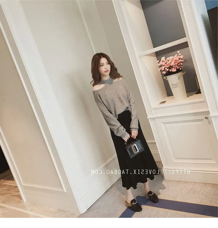 Top- Women's Casual Solid Loose Sweaters Female Sexy Halter Slash