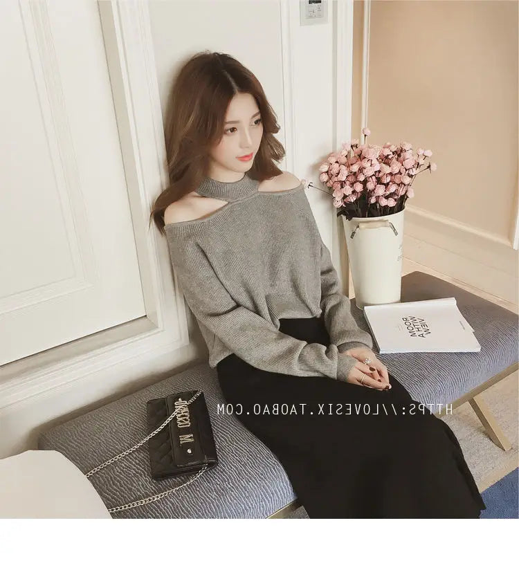 Top- Women's Casual Solid Loose Sweaters Female Sexy Halter Slash