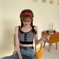 Girl Crop Top Women Plaid Buttons Club Sexy Slim Knitting Female Tank SPECIFICATIONSBrand Name: JEYONGZOOOrigin: Mainland ChinaMaterial: COTTONMaterial: AcrylicDecoration: ButtonClothing Length: short（4-16inch）Age: 16-28 Years OldItem DMEwomenstorenull