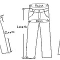 Diagram illustrating clothing measurements for blazers, pants, and skirts.