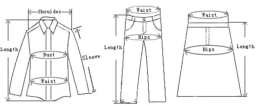 Diagram illustrating clothing measurements for blazers, pants, and skirts.