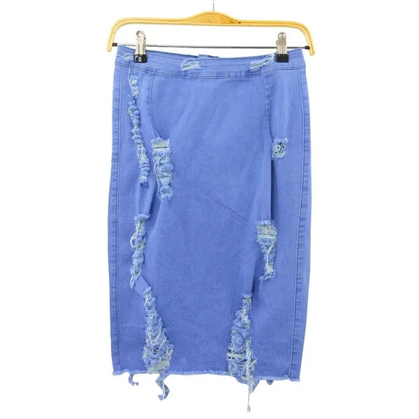 Skirts - Denim Stonewashed Mini Short Skirt, High Waist Pencil