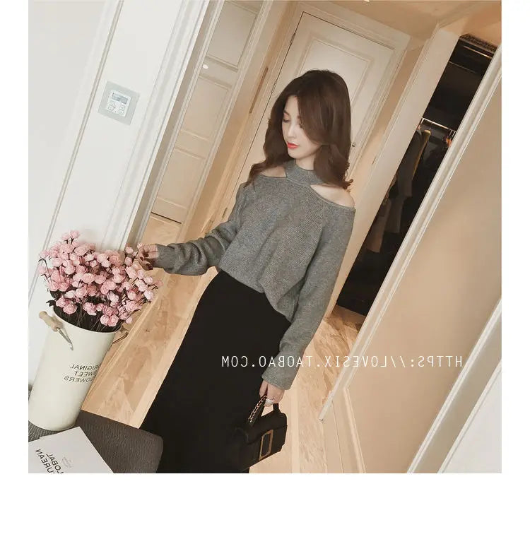 Top- Women's Casual Solid Loose Sweaters Female Sexy Halter Slash