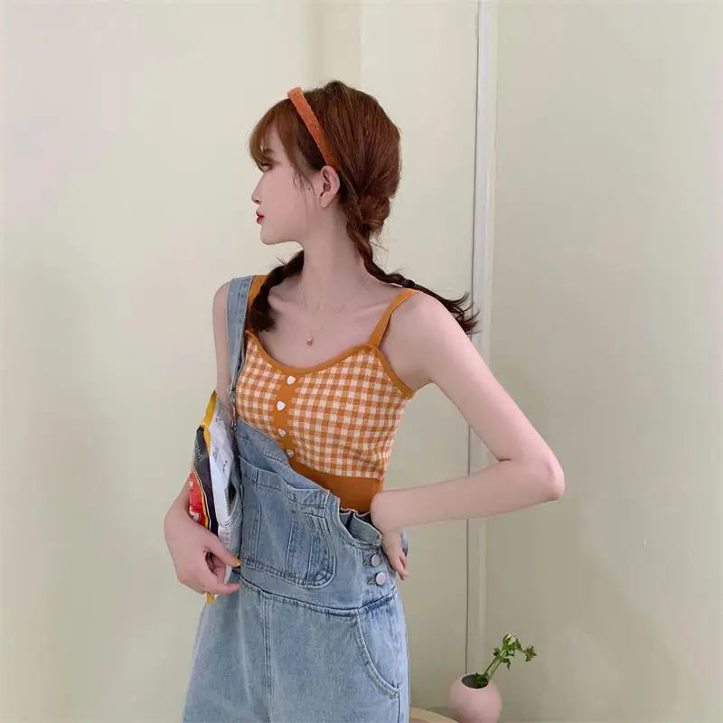 Girl Crop Top Women Plaid Buttons Club Sexy Slim Knitting Female Tank SPECIFICATIONSBrand Name: JEYONGZOOOrigin: Mainland ChinaMaterial: COTTONMaterial: AcrylicDecoration: ButtonClothing Length: short（4-16inch）Age: 16-28 Years OldItem DMEwomenstorenull