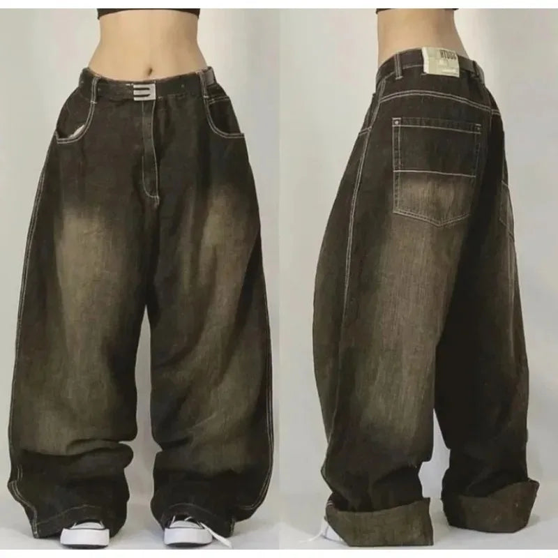 Denim- Washed Exaggerated Baggy Jeans Street Style High Waist Wide Leg