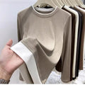 Contrasting Splicing Long Sleeved Round Neck T-shirt Base Shirt Warm TSPECIFICATIONSBrand Name: NoEnName_NullStyle: Office LadyAge: MIDDLE AGEOrigin: Mainland ChinaCN: GuangdongSeason: Autumn/WinterClothing Length: regularDecoration: PDMEwomenstorenull