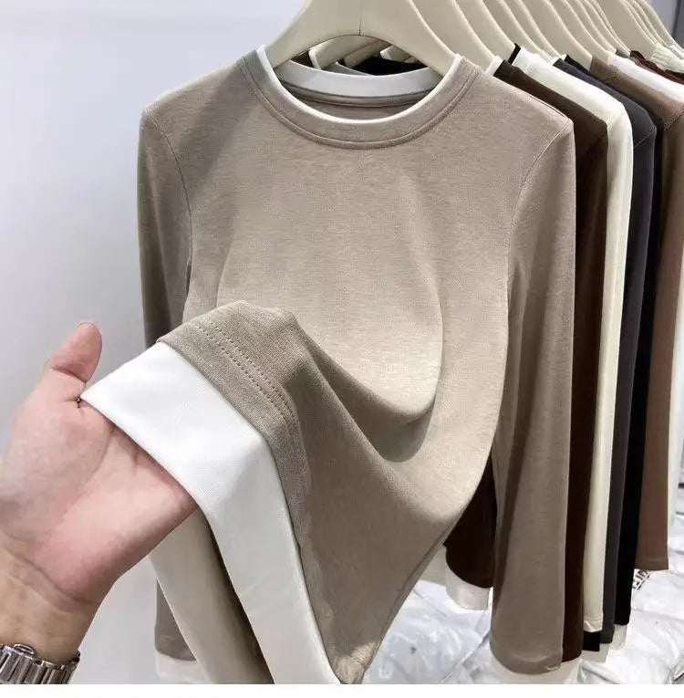 Contrasting Splicing Long Sleeved Round Neck T-shirt Base Shirt Warm TSPECIFICATIONSBrand Name: NoEnName_NullStyle: Office LadyAge: MIDDLE AGEOrigin: Mainland ChinaCN: GuangdongSeason: Autumn/WinterClothing Length: regularDecoration: PDMEwomenstorenull