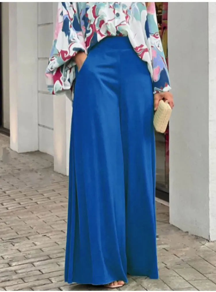 2-Pieces Set Print Blouse Solid High Waist Wide Leg Pants Elegant Lady