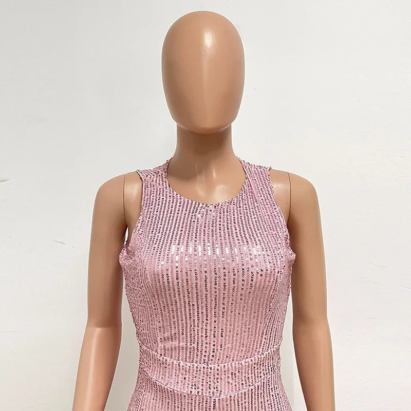 Sleeveless Sequined Jumpsuit Round Neck Slim Fit High Waist Sexy SprinSPECIFICATIONSBrand Name: mandylandyStyle: StreetwearAge: MIDDLE AGEOrigin: Mainland ChinaCN: GuangdongSeason: SummerMaterial: POLYESTERDecoration: SequinedFabric TyDMEwomenstorenull