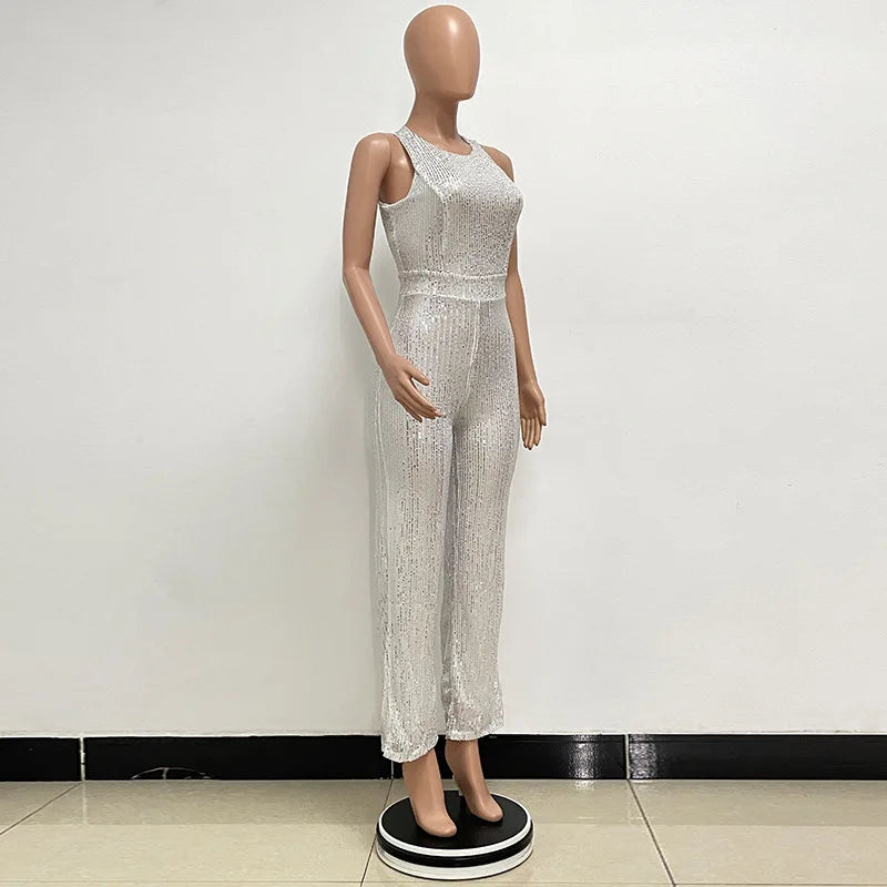 Sleeveless Sequined Jumpsuit Round Neck Slim Fit High Waist Sexy SprinSPECIFICATIONSBrand Name: mandylandyStyle: StreetwearAge: MIDDLE AGEOrigin: Mainland ChinaCN: GuangdongSeason: SummerMaterial: POLYESTERDecoration: SequinedFabric TyDMEwomenstorenull