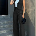 Women's casual slim blazer pant set with notched collar and sleeveless waistcoat.