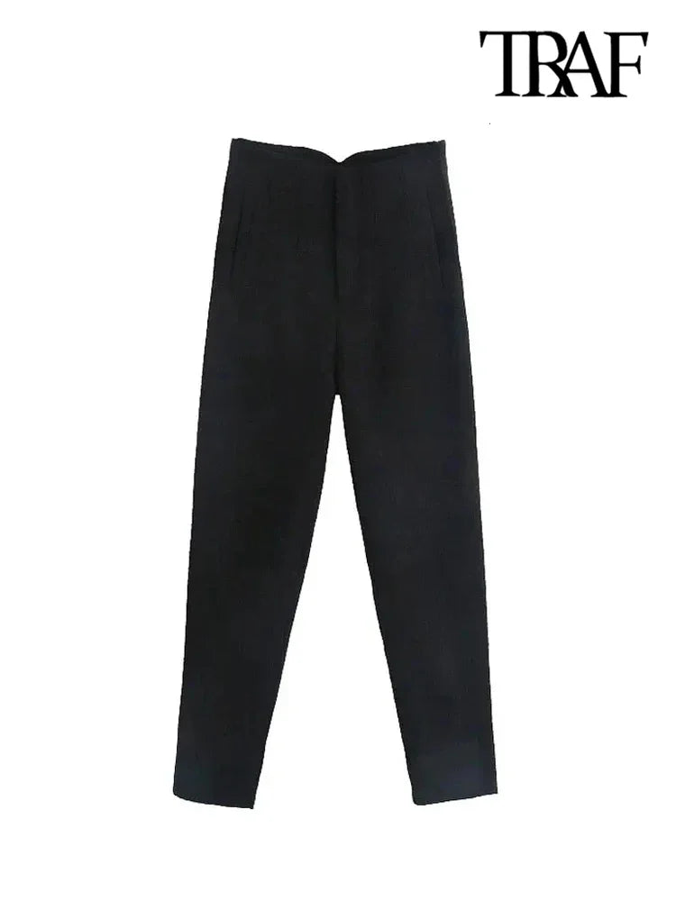 Chic Fashion With Seam Detail Office Wear Pants Vintage High Waist ZipSPECIFICATIONSBrand Name: TRAFStyle: CasualAge: MIDDLE AGEOrigin: Mainland ChinaCN: JiangsuSeason: All seasonWaist Type: highDecoration: noneElasticity: Slight StrecDMEwomenstorenull