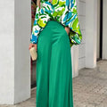 2-Pieces Set Print Blouse Solid High Waist Wide Leg Pants Elegant Lady