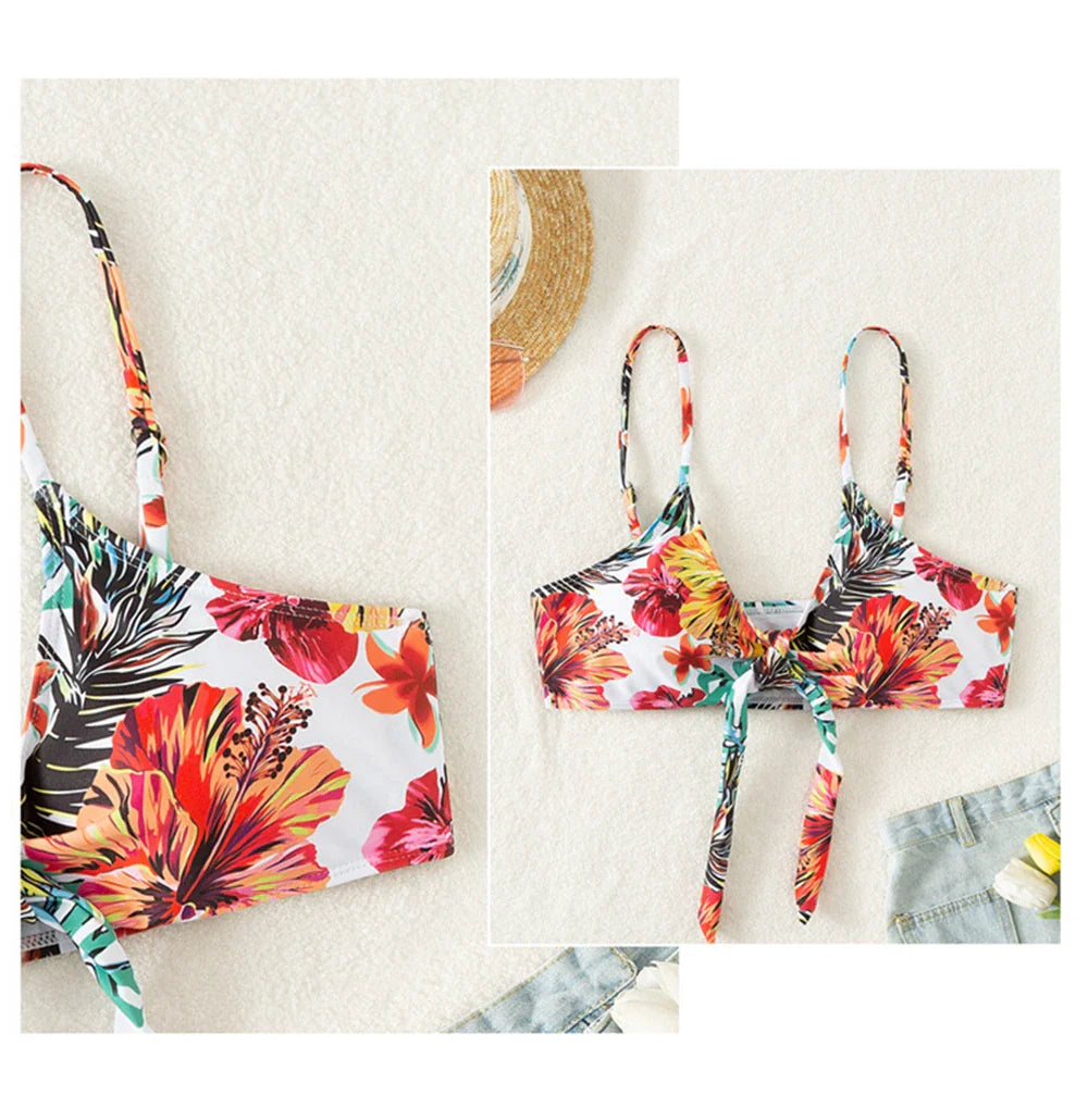 Swimwear- Sexy High Waist Bikini 3 Pieces Floral Print Swimsuit