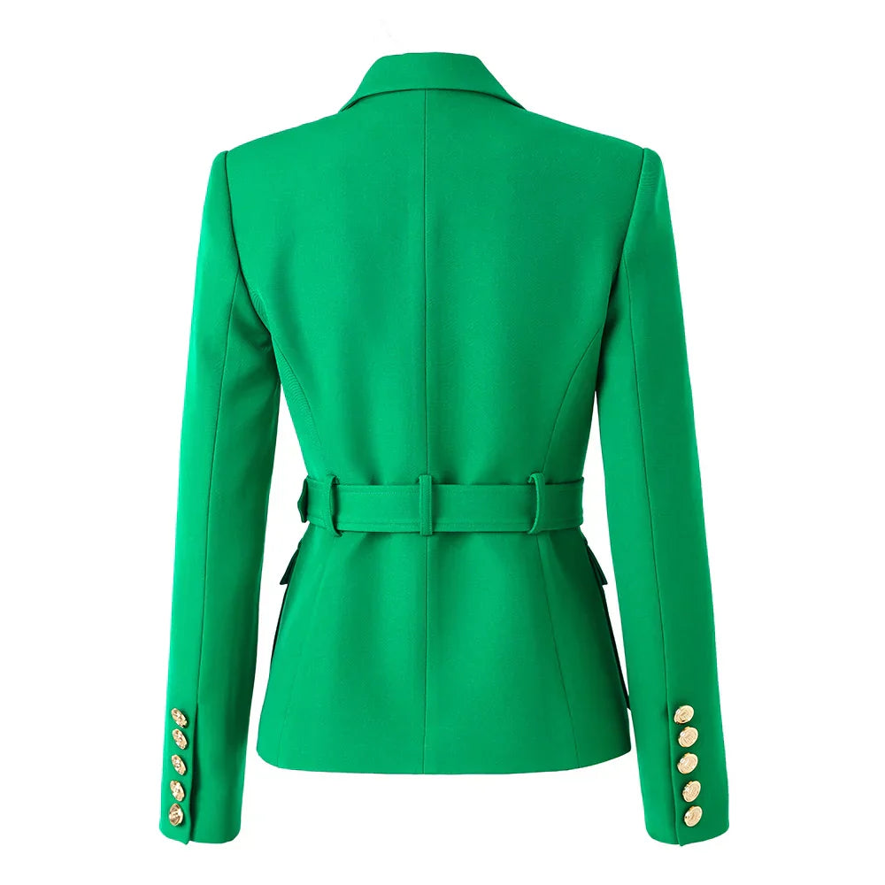 Luxury green women's blazer with gold buttons and belted back.