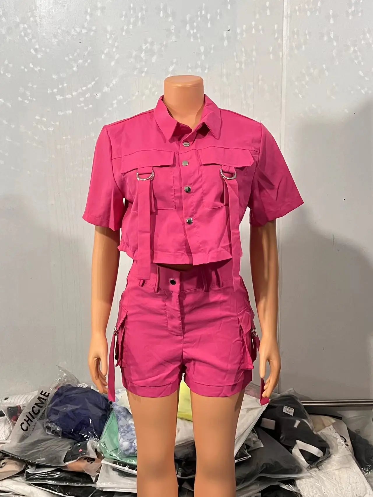 2 Pieces Set Short Sleeve Crop Top & Shorts pocket design shorts