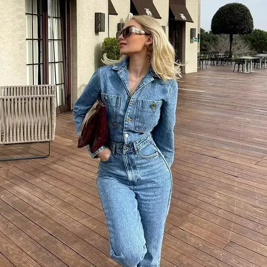 Denim Jumpsuit for Women Overalls Woman Jean Overalls Long Sleeve ElegSPECIFICATIONSBrand Name: NoEnName_NullStyle: StreetwearAge: MIDDLE AGEOrigin: Mainland ChinaCN: GuangdongSeason: Spring/SummerMaterial: POLYESTERDecoration: noneFabDMEwomenstorenull