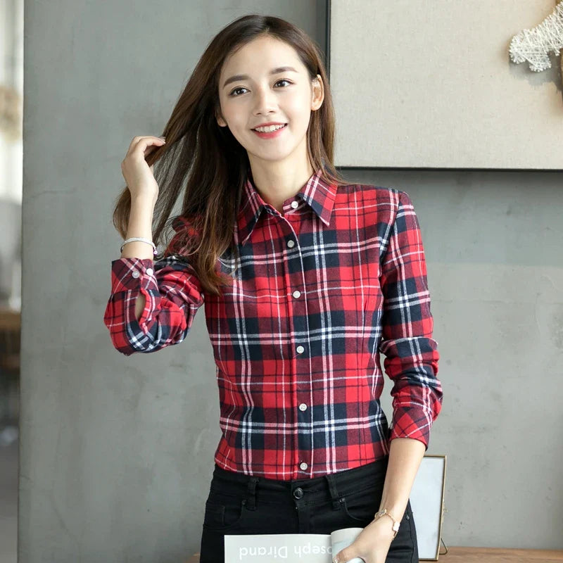 Women Plaid Shirt New Casual Flannel Cotton Lady Long Sleeve Shirt FemSPECIFICATIONSBrand Name: YEOINFabric Type: Polyester CottonHign-concerned Chemical: NonePattern Type: PlaidFit Type: SlimStyle: CasualAge: JUNIORCraft of Weaving: TDMEwomenstorenull