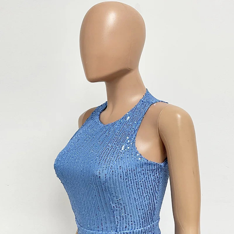 Sleeveless Sequined Jumpsuit Round Neck Slim Fit High Waist Sexy SprinSPECIFICATIONSBrand Name: mandylandyStyle: StreetwearAge: MIDDLE AGEOrigin: Mainland ChinaCN: GuangdongSeason: SummerMaterial: POLYESTERDecoration: SequinedFabric TyDMEwomenstorenull