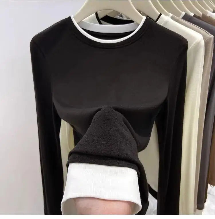 Contrasting Splicing Long Sleeved Round Neck T-shirt Base Shirt Warm TSPECIFICATIONSBrand Name: NoEnName_NullStyle: Office LadyAge: MIDDLE AGEOrigin: Mainland ChinaCN: GuangdongSeason: Autumn/WinterClothing Length: regularDecoration: PDMEwomenstorenull