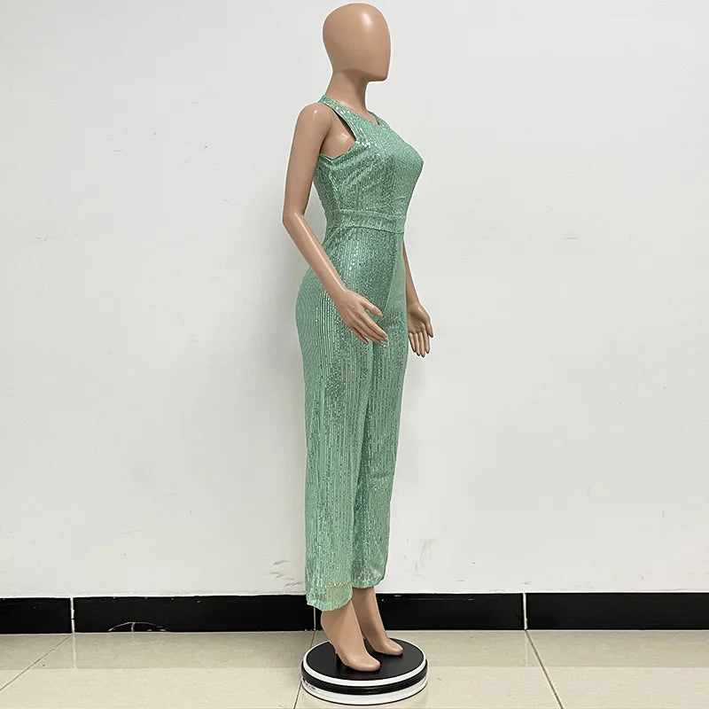 Sleeveless Sequined Jumpsuit Round Neck Slim Fit High Waist Sexy SprinSPECIFICATIONSBrand Name: mandylandyStyle: StreetwearAge: MIDDLE AGEOrigin: Mainland ChinaCN: GuangdongSeason: SummerMaterial: POLYESTERDecoration: SequinedFabric TyDMEwomenstorenull