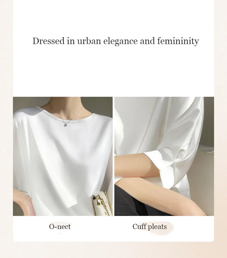 Blouse- Silk Half-Sleeve Tops Basic Solid Women Shirt Casual O-neck