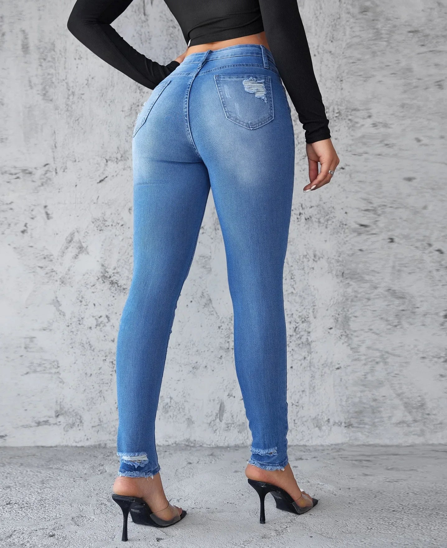 Ankle Length Ripped Hole High Waist Jean Sheath Pencil Denim Pants SkiSPECIFICATIONSBrand Name: kalenmosMaterial: POLYESTERElasticity: Slight StrechFabric Type: CoatedHign-concerned Chemical: NoneLength: Ankle-Length PantsFit Type: SKIDMEwomenstorenull