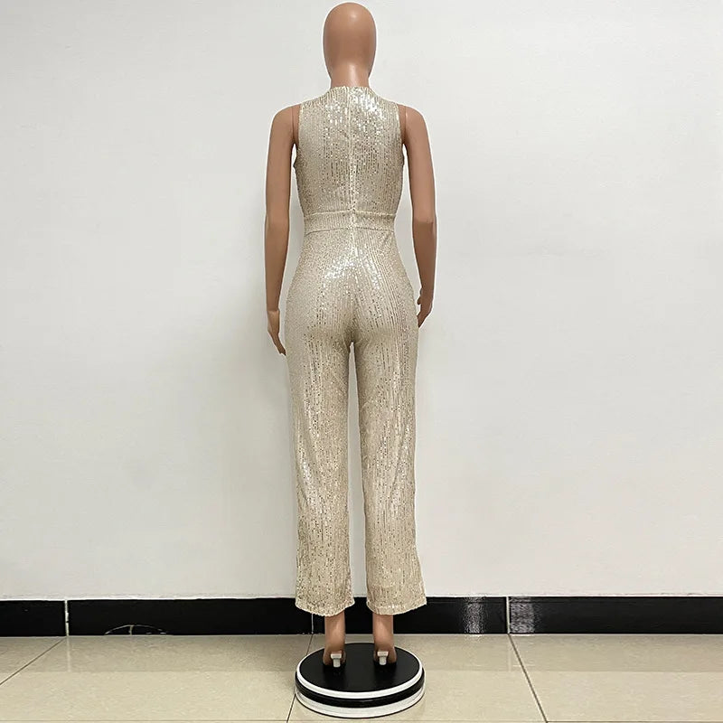 Sleeveless Sequined Jumpsuit Round Neck Slim Fit High Waist Sexy SprinSPECIFICATIONSBrand Name: mandylandyStyle: StreetwearAge: MIDDLE AGEOrigin: Mainland ChinaCN: GuangdongSeason: SummerMaterial: POLYESTERDecoration: SequinedFabric TyDMEwomenstorenull