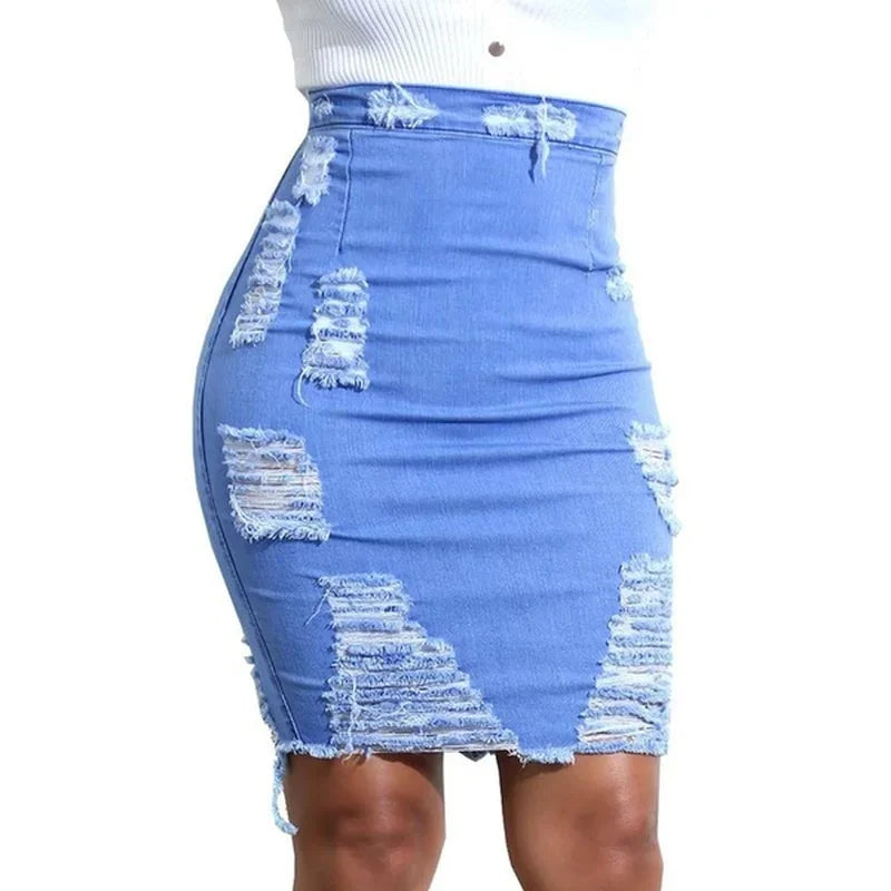 Skirts - Denim Stonewashed Mini Short Skirt, High Waist Pencil