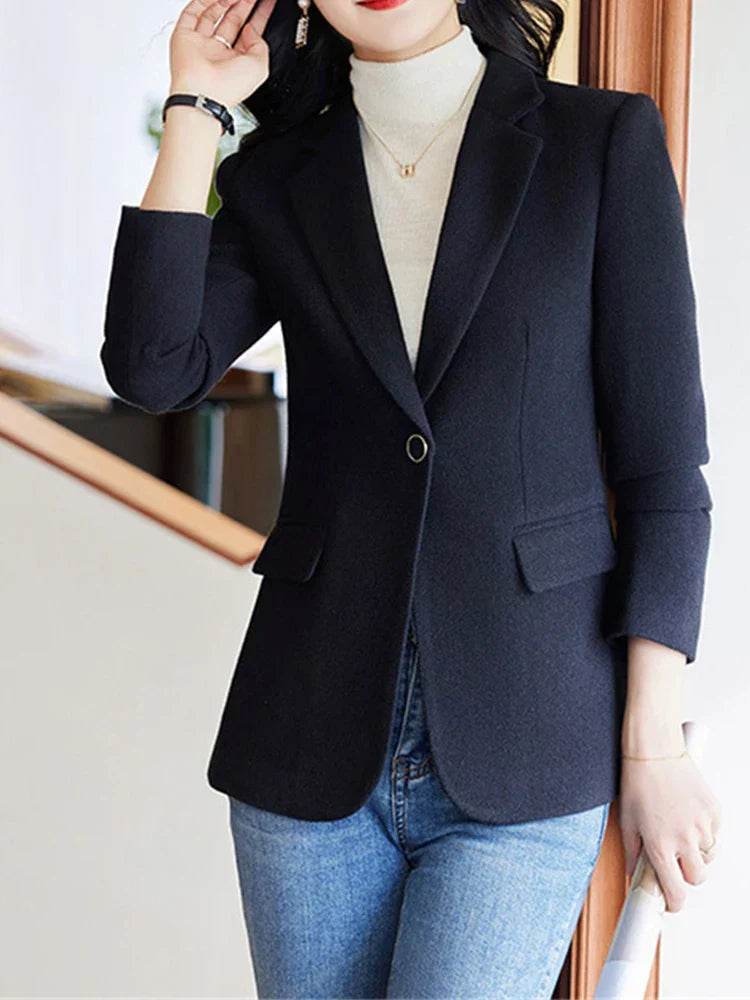 Elegant long-sleeve women's blazer with turn-down collar and single-button closure