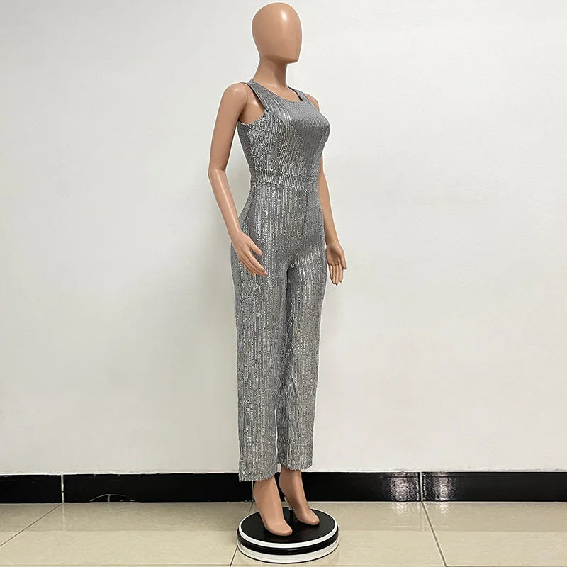 Sleeveless Sequined Jumpsuit Round Neck Slim Fit High Waist Sexy SprinSPECIFICATIONSBrand Name: mandylandyStyle: StreetwearAge: MIDDLE AGEOrigin: Mainland ChinaCN: GuangdongSeason: SummerMaterial: POLYESTERDecoration: SequinedFabric TyDMEwomenstorenull