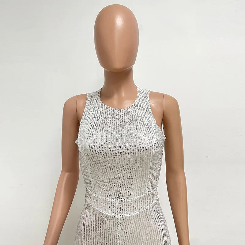 Sleeveless Sequined Jumpsuit Round Neck Slim Fit High Waist Sexy SprinSPECIFICATIONSBrand Name: mandylandyStyle: StreetwearAge: MIDDLE AGEOrigin: Mainland ChinaCN: GuangdongSeason: SummerMaterial: POLYESTERDecoration: SequinedFabric TyDMEwomenstorenull