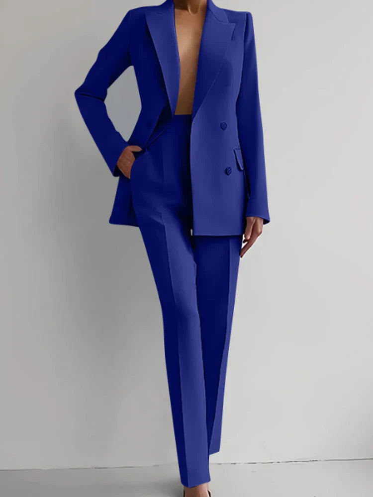 Women's two piece suit, long sleeve blazer and pant set, office lady style.