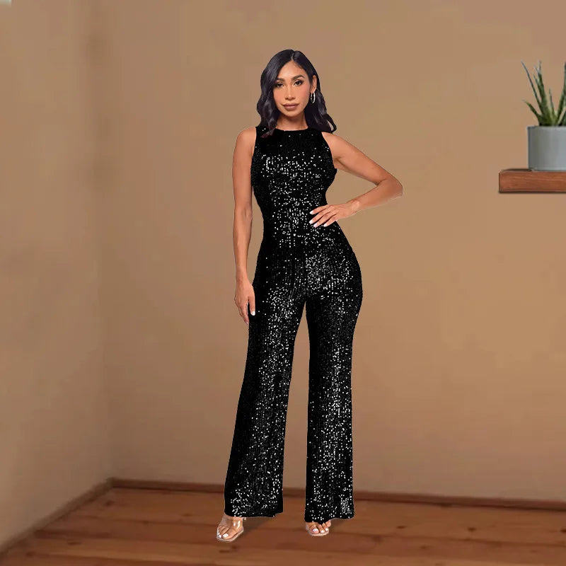 Sleeveless Sequined Jumpsuit Round Neck Slim Fit High Waist Sexy SprinSPECIFICATIONSBrand Name: mandylandyStyle: StreetwearAge: MIDDLE AGEOrigin: Mainland ChinaCN: GuangdongSeason: SummerMaterial: POLYESTERDecoration: SequinedFabric TyDMEwomenstorenull