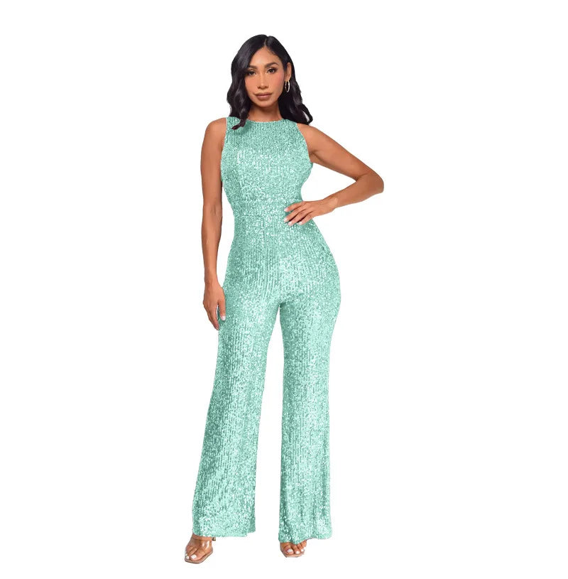 Sleeveless Sequined Jumpsuit Round Neck Slim Fit High Waist Sexy SprinSPECIFICATIONSBrand Name: mandylandyStyle: StreetwearAge: MIDDLE AGEOrigin: Mainland ChinaCN: GuangdongSeason: SummerMaterial: POLYESTERDecoration: SequinedFabric TyDMEwomenstorenull