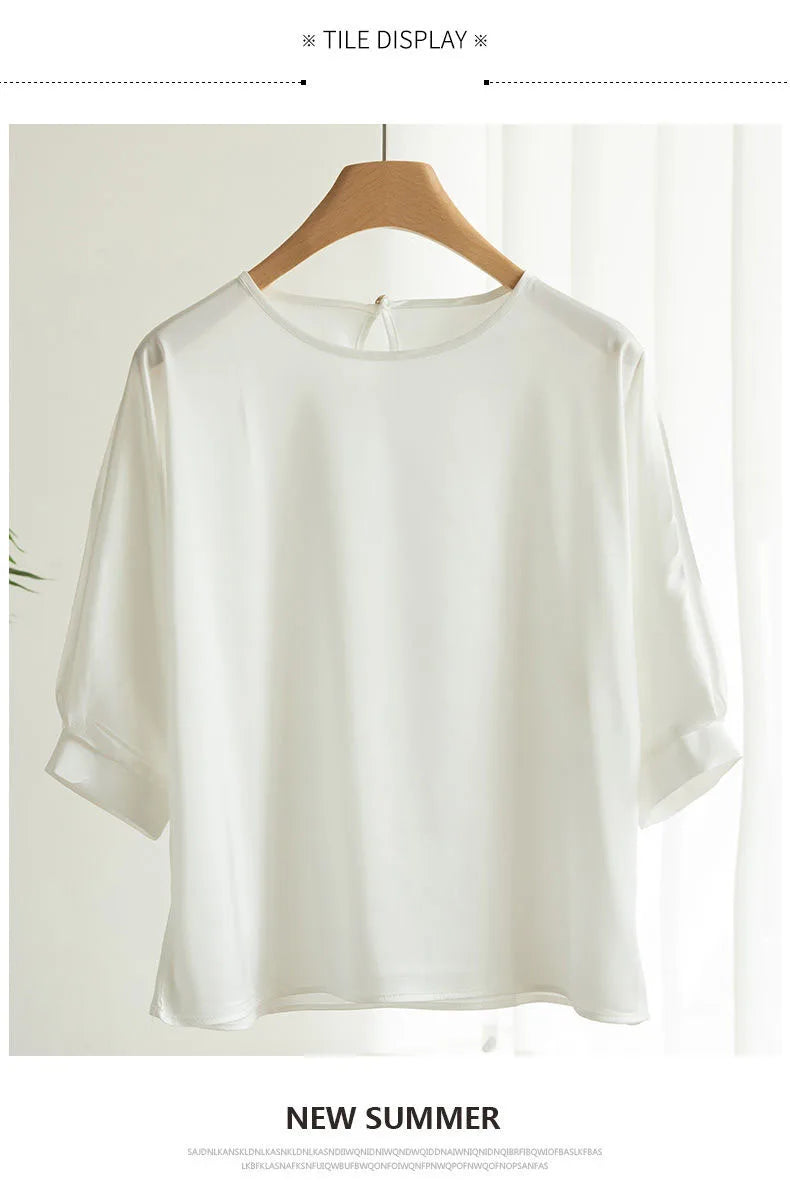 Blouse- Silk Half-Sleeve Tops Basic Solid Women Shirt Casual O-neck