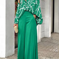 2-Pieces Set Print Blouse Solid High Waist Wide Leg Pants Elegant Lady