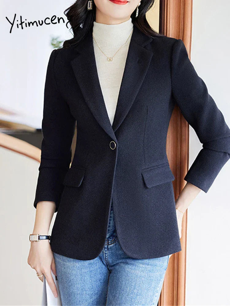 Elegant long-sleeve women's blazer with turn-down collar and single-button closure