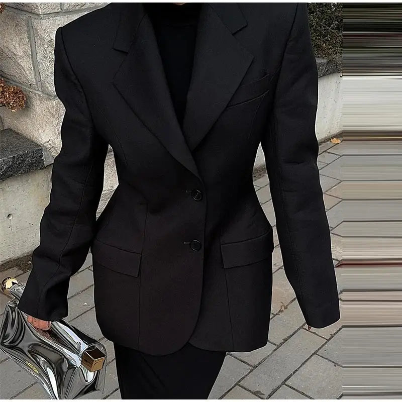 Elegant women's black blazer with slim lapel and single button closure.