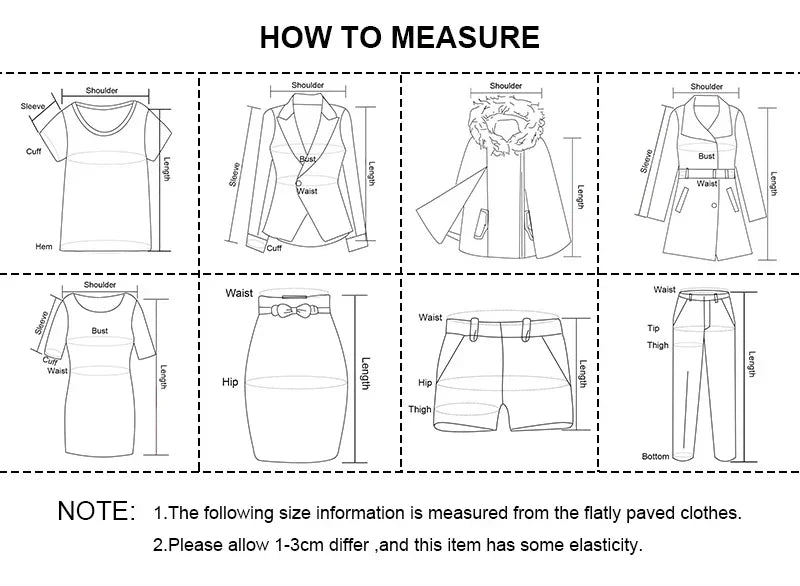 "How to measure" guide with illustrations for accurately taking clothing measurements.