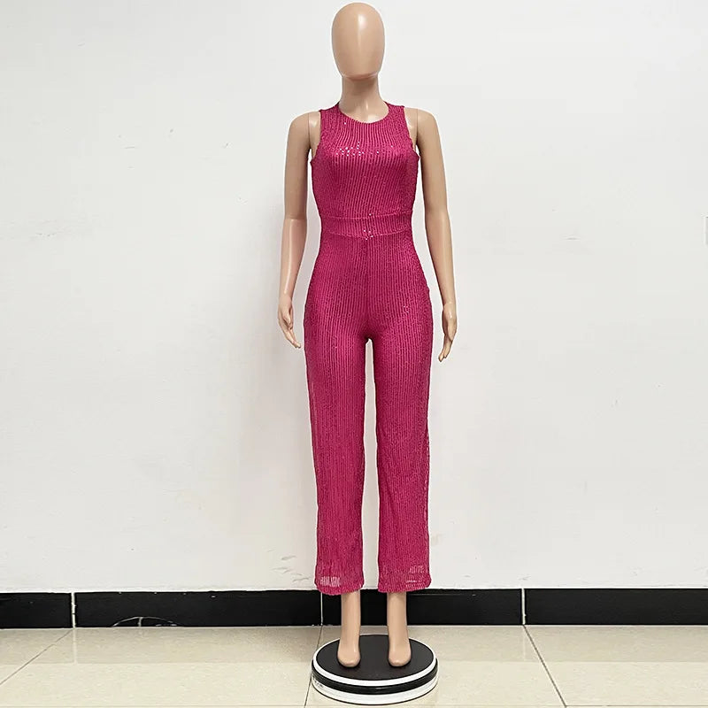 Sleeveless Sequined Jumpsuit Round Neck Slim Fit High Waist Sexy SprinSPECIFICATIONSBrand Name: mandylandyStyle: StreetwearAge: MIDDLE AGEOrigin: Mainland ChinaCN: GuangdongSeason: SummerMaterial: POLYESTERDecoration: SequinedFabric TyDMEwomenstorenull