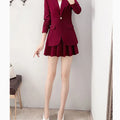 Elegant two-piece blazer jacket and A-line skirt suit for women in a chic, loose vintage style.